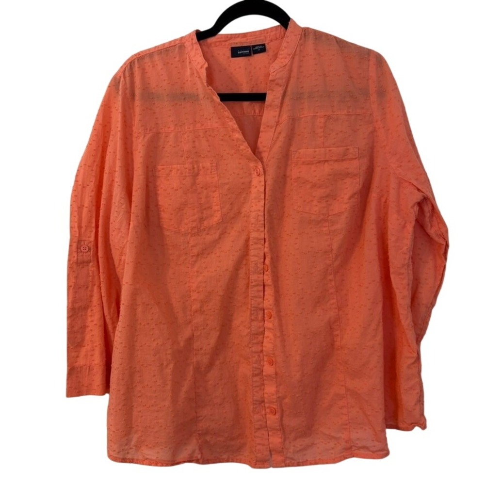 Coral Clip Dot Button Down Cotton Shirt Women 1X Cotton Roll Tab Sleeve  Coastal